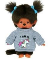 Monchhichi Mädchen 20 cm mit blauen Schleifen im Haar Einhorn Pulli