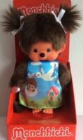 Monchhichi Mädchen 20 cm mit Storchen-Kleid und Zöpfen aus Plüsch