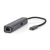 Nedis USB Multi-Port-Adapter / 4-in-1 / USB 3.2 Gen 1 / USB-C™ Stecker / HDMI™ Ausgang / RJ45 Buchse / USB-A Buchse / USB-C™ Buchse / 5 Gbps / 0.20 m / Rund / Vergoldet / PVC / Anthrazit / Box