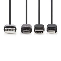 Nedis 3 in 1-Kabel / USB 2.0 / USB-A Stecker / Apple Lightning 8-Pin / USB Micro-B Stecker / USB-C™ Stecker / 480 Mbps / 1.00 m / Vernickelt / Rund / PVC / Schwarz / Label
