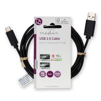 Nedis USB-Kabel / USB 2.0 / USB-A Stecker / USB-C™ Stecker / 15 W / 480 Mbps / Vernickelt / 2.00 m / Rund / PVC / Schwarz / Label