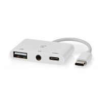 Nedis USB Multi-Port-Adapter / 3 in 1 / USB 2.0 / USB-C™ Stecker / USB-A Buchse / USB-C™ Buchse / 3.5 mm Buchse / 480 Mbps / 0.10 m / Rund / Vernickelt / PVC / Weiss / Box