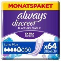 Always Discreet Inkontinenzeinlagen Long Plus, 64 Binden (4 x 16 Stück) Monatspaket, diskreter Schutz & hohe Saugstärke, Geruchskontrolle