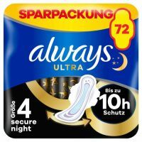 always Ultra Binde Secure Night mit Flügeln Monatspaket, 72 Binden (6 Packungen x 12 Stück)