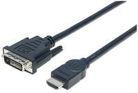 Manhattan HDMI to DVI-D 24+1 Cable - 3m - Male to Male - Black - Equivalent to Startech HDDVIMM3M - Dual Link - Compatible with DVD-D - Lifetime Warranty - Polybag - 3 m - HDMI Type A (Standard) - DVI-D - Male - Male - Straight