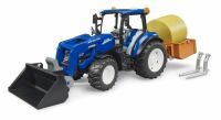 bruder New Holland T5.120 mit FL, Ladekasten, Gabeln + 1 Rundballen