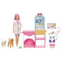 Mattel Barbie Gute Besserung Tierkrankenstation-Spielset aus Modepuppe mit rosa gefärbten Haaren, Ti