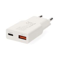 Nedis Netzladegerät / GaN / PD3.0 / 1.5 / 2.0 / 2.5 / 3.0 A / Anzahl der Ausgänge: 2 / USB-A / USB-C™ / USB-C™ (Lose) Kabel / 1.50 m / Automatische Spannungswahl / Weiss