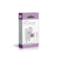 Nedis Netzladegerät / GaN / PD3.0 / 1.5 / 2.0 / 2.22 A / 3.0 A / Anzahl der Ausgänge: 2 / USB-A / USB-C™ / USB-C™ (Lose) Kabel / 1.50 m / Automatische Spannungswahl / Weiss