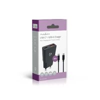 Nedis Netzladegerät / GaN / PD3.0 / 1.5 / 2.0 / 2.5 / 3.0 A / Anzahl der Ausgänge: 2 / USB-A / USB-C™ / USB Type-C™ (Lose) Kabel / 1.50 m / Automatische Spannungswahl / Schwarz
