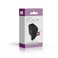 Nedis Netzladegerät / GaN / PD3.0 / 2.5 / 3.0 / 5.0 A / Anzahl der Ausgänge: 3 / USB-A / 2x USB-C™ / Automatische Spannungswahl / Schwarz