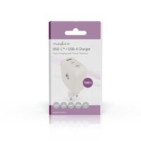 Nedis Netzladegerät / GaN / PD3.0 / 2.5 / 3.0 / 5.0 A / Anzahl der Ausgänge: 3 / USB-A / 2x USB-C™ / Automatische Spannungswahl / Weiss