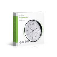 Nedis Wanduhr / Durchmesser: 300 mm / Kunststoff / Leise Bewegung / Thermometer (Temperatur) / Hygrometer / Schwarz / Weiss