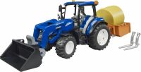 Bruder 02187 New Holland T5.120 mit Frontlader, Ladekasten, Gabeln + 1 Rundballen