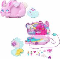 Mattel Polly Pocket 2-in-1-Bunny Fun Schatulle, tragbares Taschen-Spielset mit 2 Puppen und 12 Zubeh