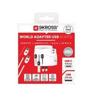 Skross Reiseadapter 3-polig geerdet mit integriertem Schnellladegerät 45 Watt PD USB Ladegerät (1 x USB C & 1 x USB)