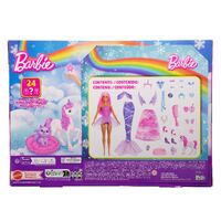 Mattel Barbie-Adventskalender mit Modepuppe und 24 Überraschungs-Accessoires mit Einhorn und Tieren
