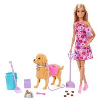 Mattel Barbie Malibu Hundespaziergang Spielset, enthält Puppe, Hund zum Spazierengehen und Häufchenm