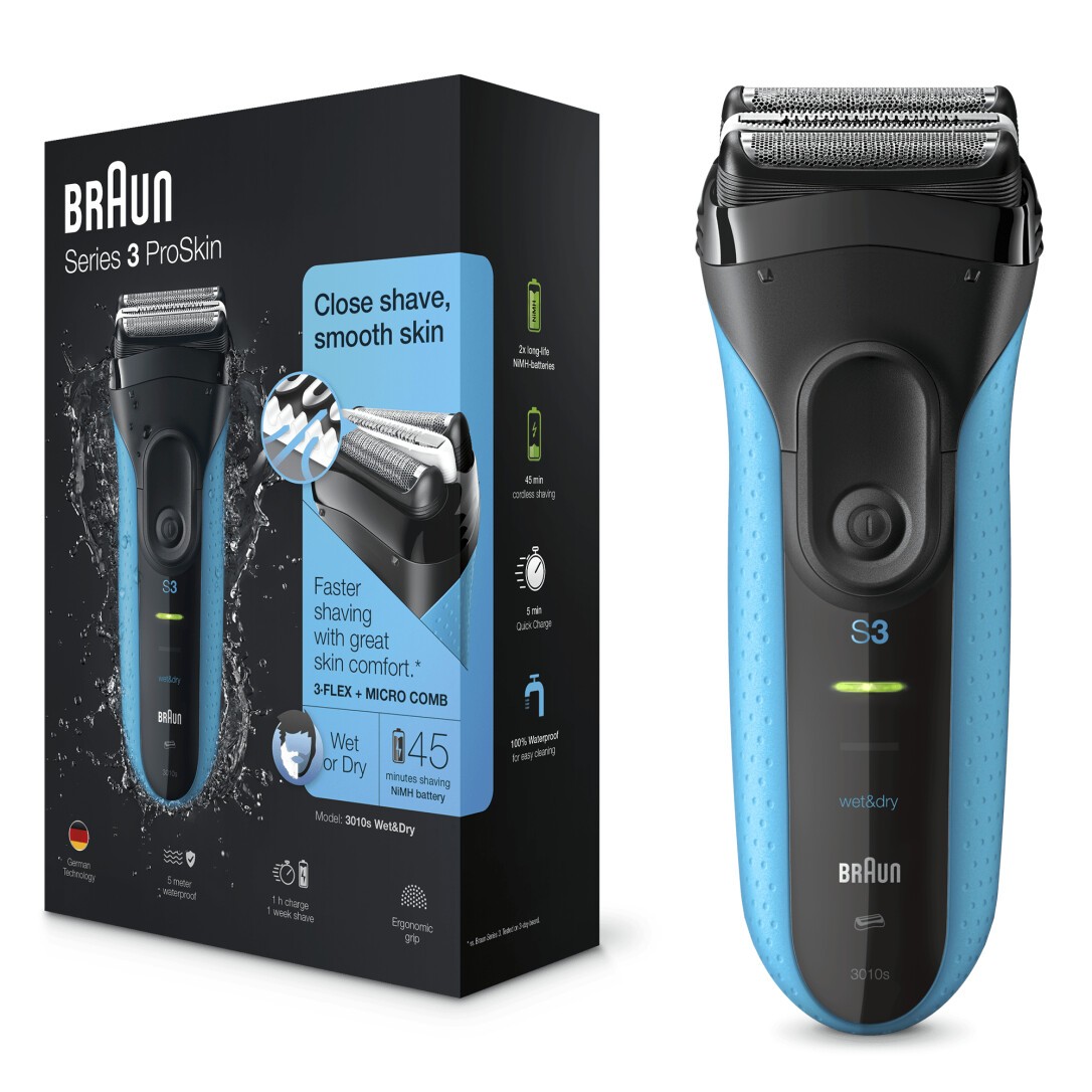 Braun Series 3 3010 Wet & Dry - Foil shaver - 2 SensoFoil - 1 Middle Trimmer - Black - Blue - LED - Battery - Nickel-Metal Hydride (NiMH) Braun Series 3 3010 Wet & Dry - Foil shaver - 2 SensoFoil - 1 Middle Trimmer - Black - Blue - LED - Battery - Nickel-Metal Hydride (NiMH)